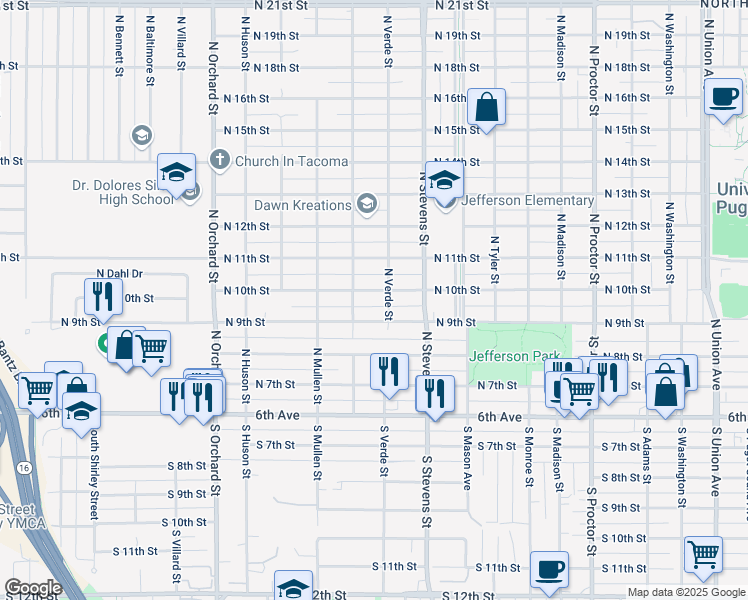 map of restaurants, bars, coffee shops, grocery stores, and more near 4525 North 10th Street in Tacoma