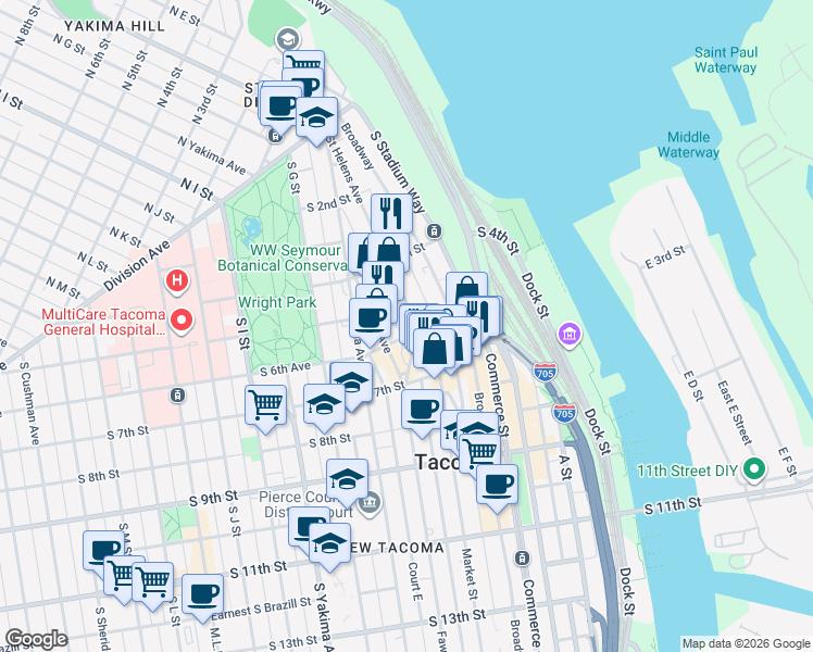 map of restaurants, bars, coffee shops, grocery stores, and more near 405 6th Avenue in Tacoma
