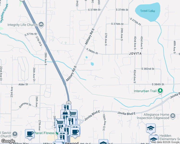 map of restaurants, bars, coffee shops, grocery stores, and more near 3445 South 382nd Street in Auburn
