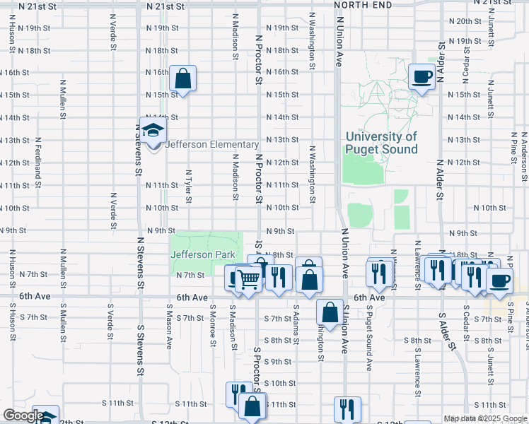 map of restaurants, bars, coffee shops, grocery stores, and more near 919 North Proctor Street in Tacoma