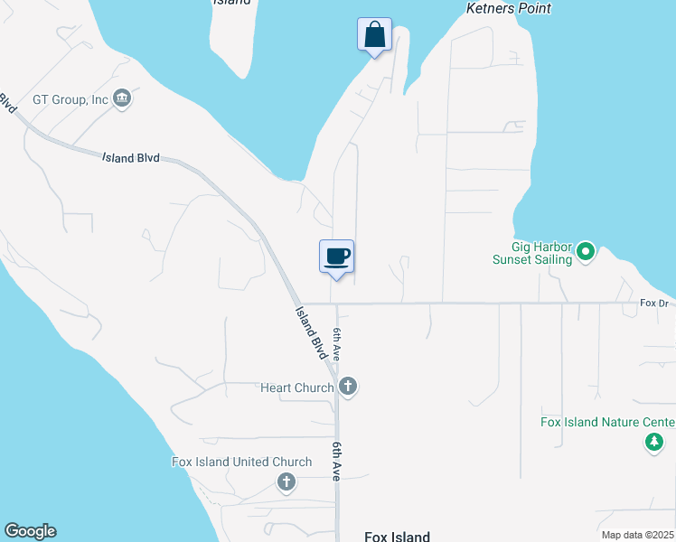 map of restaurants, bars, coffee shops, grocery stores, and more near 575 6th Avenue Fi in Fox Island