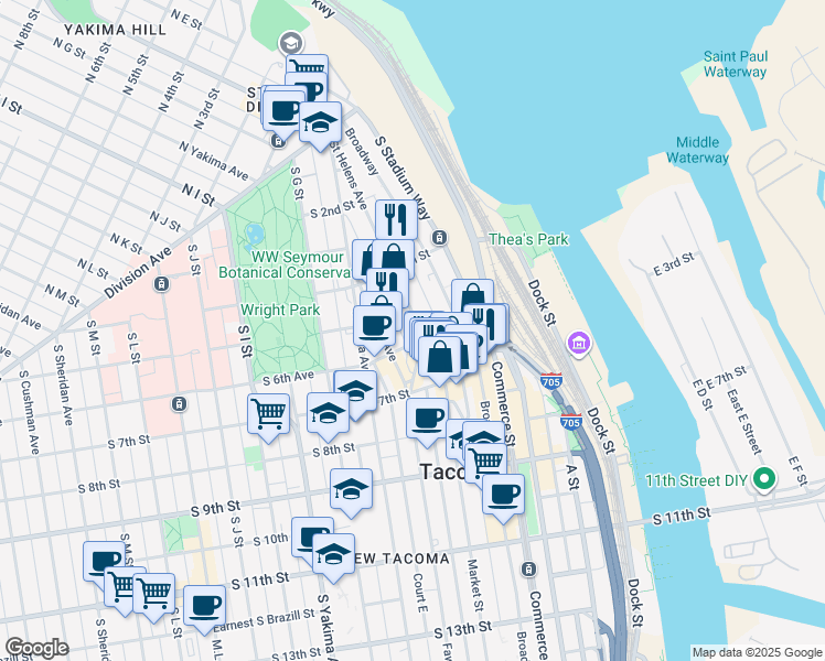 map of restaurants, bars, coffee shops, grocery stores, and more near 450 Saint Helens Avenue in Tacoma