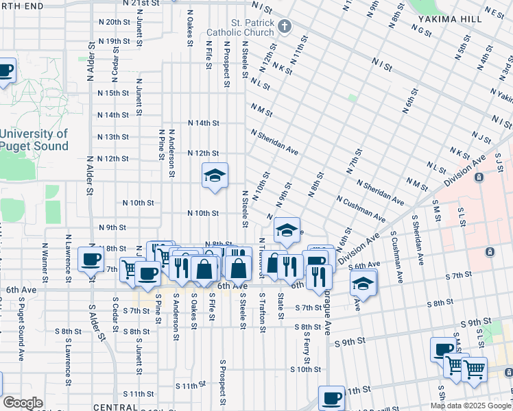 map of restaurants, bars, coffee shops, grocery stores, and more near 923 North Grant Avenue in Tacoma
