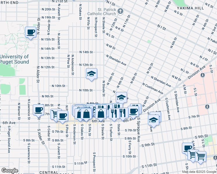 map of restaurants, bars, coffee shops, grocery stores, and more near 923 North Grant Avenue in Tacoma