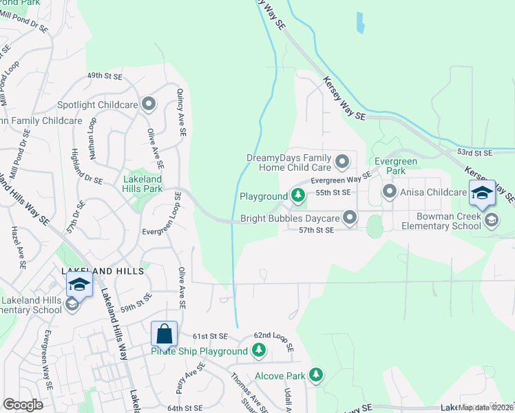 map of restaurants, bars, coffee shops, grocery stores, and more near Evergreen Way Southeast in Auburn
