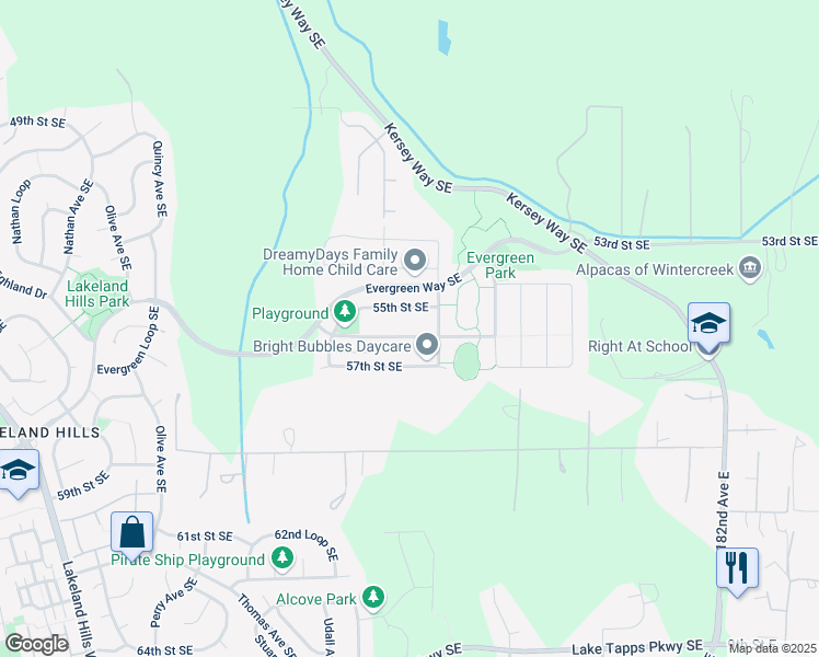 map of restaurants, bars, coffee shops, grocery stores, and more near 2315 56th Street Southeast in Auburn