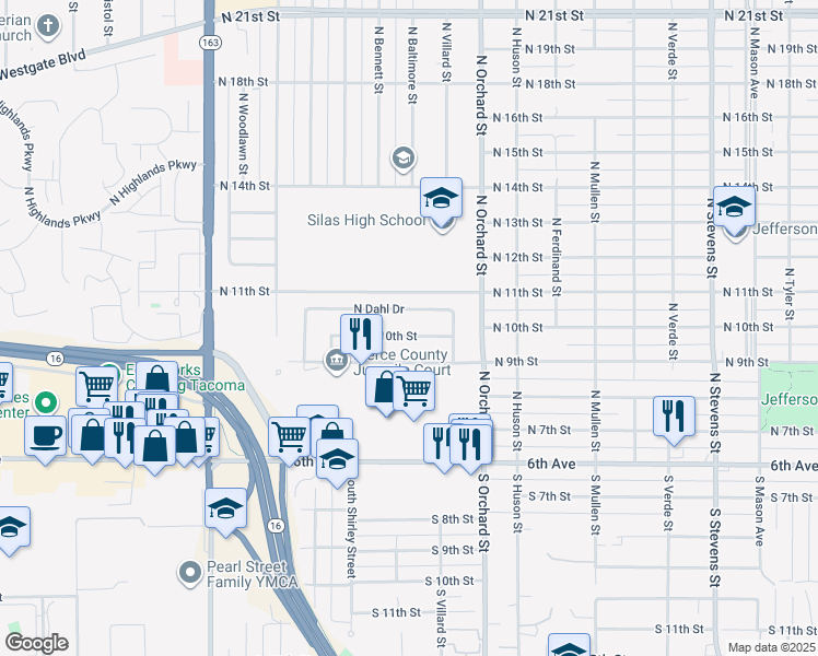 map of restaurants, bars, coffee shops, grocery stores, and more near 5231 N 10th St in Tacoma