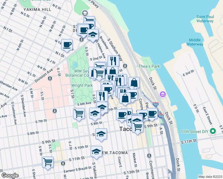map of restaurants, bars, coffee shops, grocery stores, and more near 435 Fawcett Avenue in Tacoma