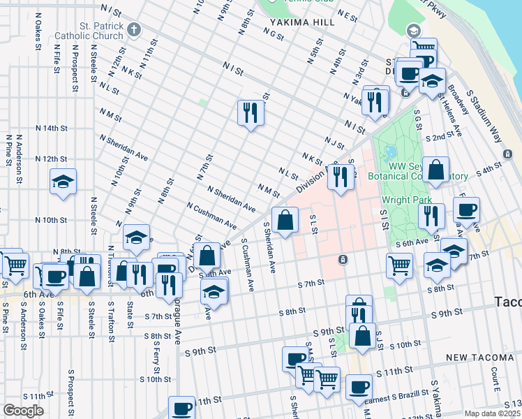 map of restaurants, bars, coffee shops, grocery stores, and more near 421 North Sheridan Avenue in Tacoma