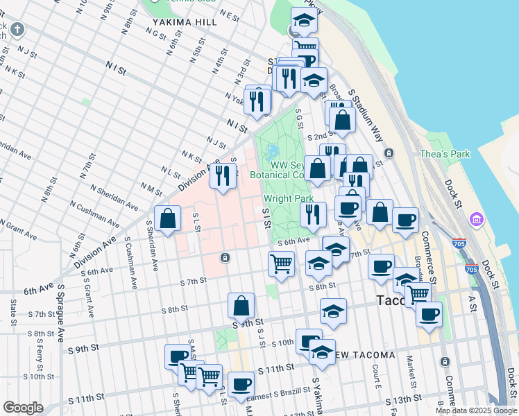 map of restaurants, bars, coffee shops, grocery stores, and more near 412 South I Street in Tacoma