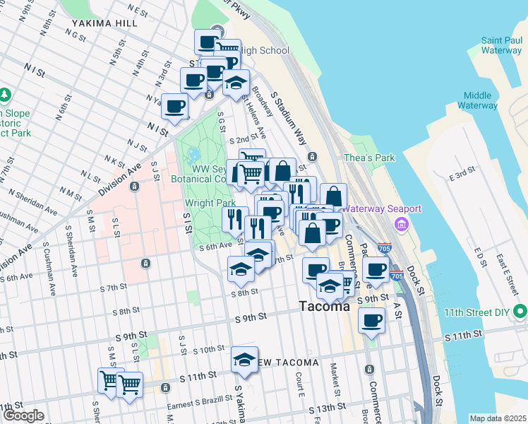 map of restaurants, bars, coffee shops, grocery stores, and more near 425 Tacoma Avenue South in Tacoma