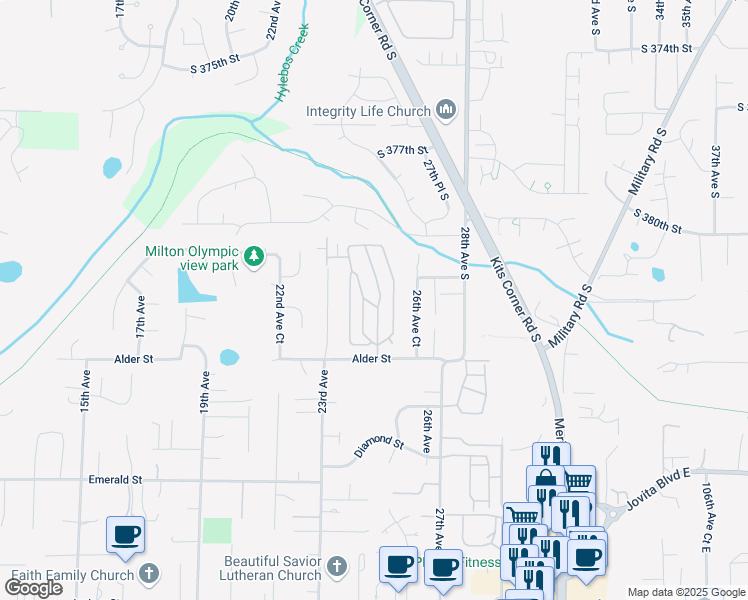 map of restaurants, bars, coffee shops, grocery stores, and more near 2500 Alder Street in Milton