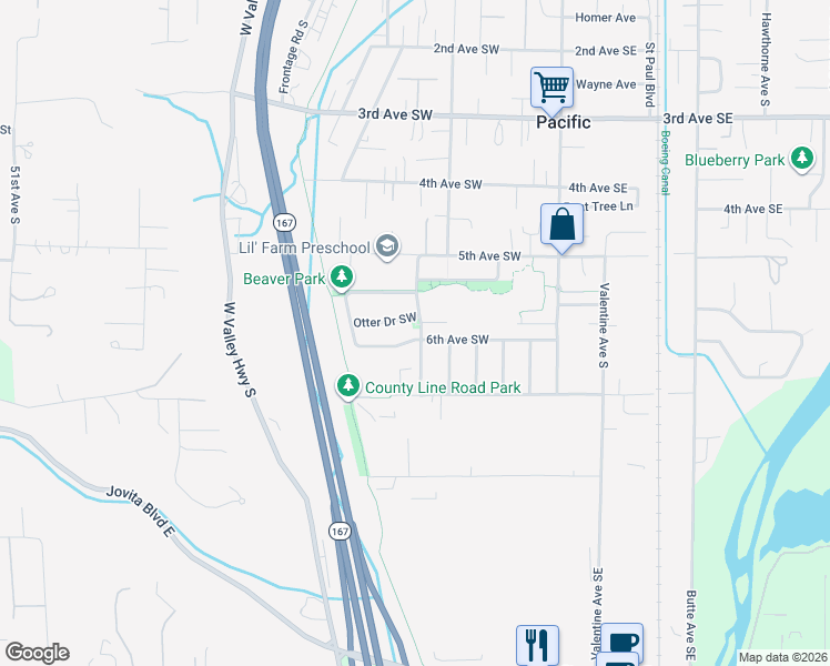 map of restaurants, bars, coffee shops, grocery stores, and more near 220 6th Avenue Southwest in Pacific
