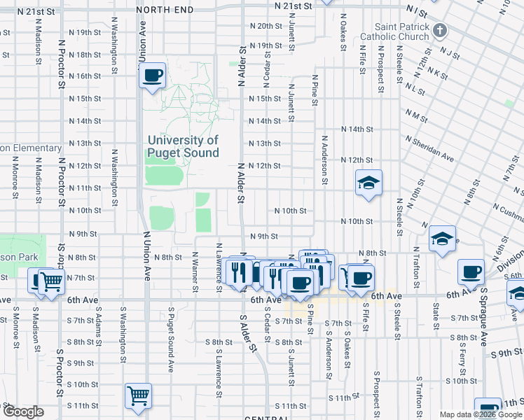 map of restaurants, bars, coffee shops, grocery stores, and more near 930 North Cedar Street in Tacoma