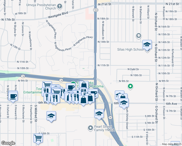 map of restaurants, bars, coffee shops, grocery stores, and more near 920 North Pearl Street in Tacoma