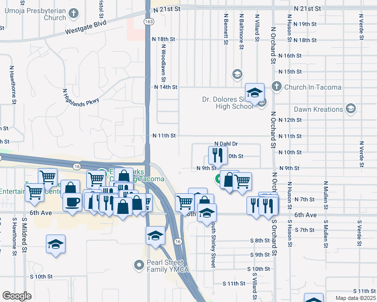 map of restaurants, bars, coffee shops, grocery stores, and more near 926 North Winnifred Street in Tacoma