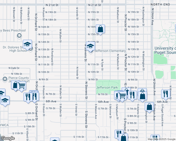 map of restaurants, bars, coffee shops, grocery stores, and more near 1001 North Stevens Street in Tacoma