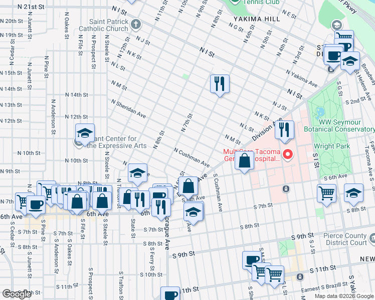 map of restaurants, bars, coffee shops, grocery stores, and more near 607 North Cushman Avenue in Tacoma
