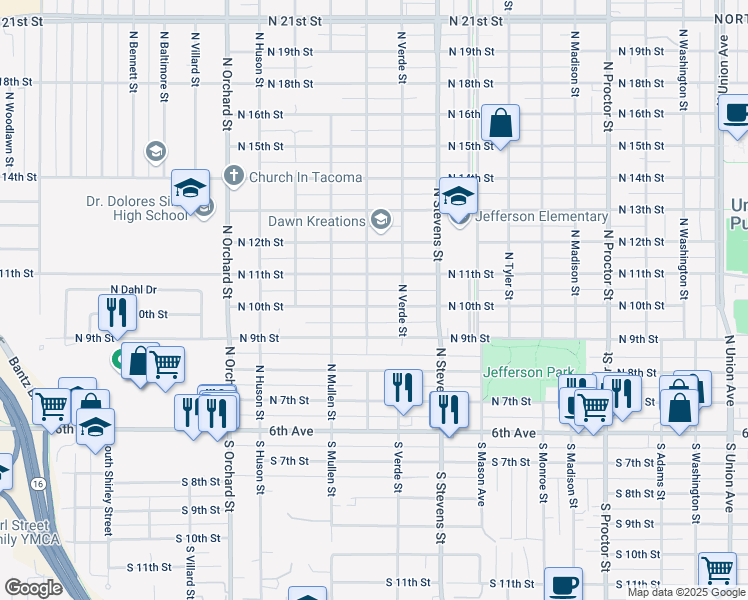 map of restaurants, bars, coffee shops, grocery stores, and more near 4525 North 10th Street in Tacoma
