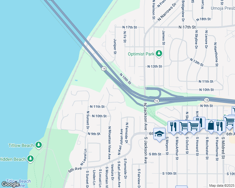 map of restaurants, bars, coffee shops, grocery stores, and more near 1101 North Mountain View Avenue in Tacoma