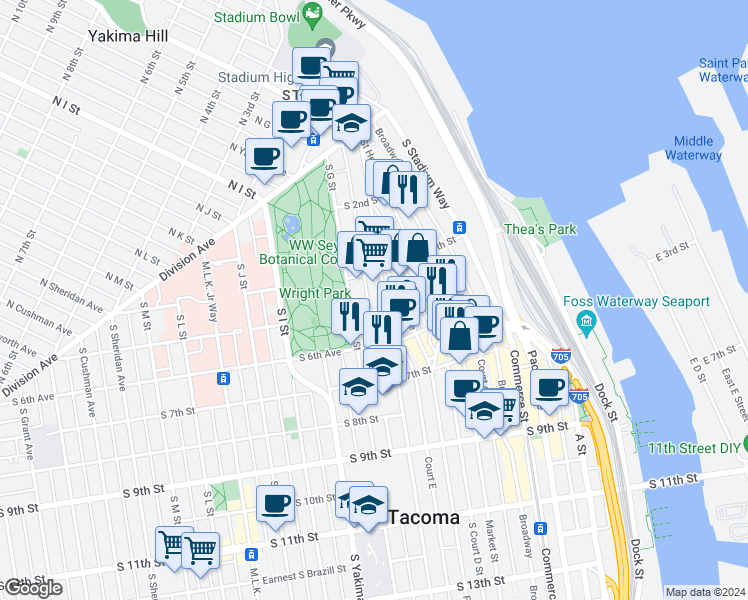 map of restaurants, bars, coffee shops, grocery stores, and more near 422 Tacoma Avenue South in Tacoma