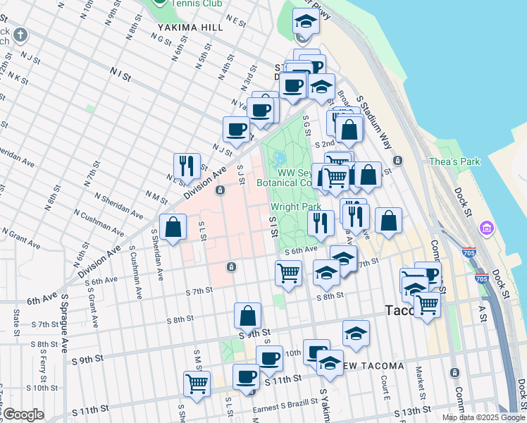 map of restaurants, bars, coffee shops, grocery stores, and more near 412 South I Street in Tacoma