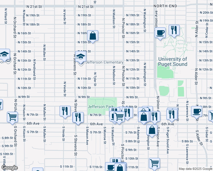 map of restaurants, bars, coffee shops, grocery stores, and more near 1001 North Monroe Street in Tacoma