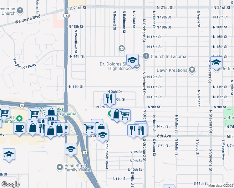 map of restaurants, bars, coffee shops, grocery stores, and more near 1002 North Bennett Street in Tacoma