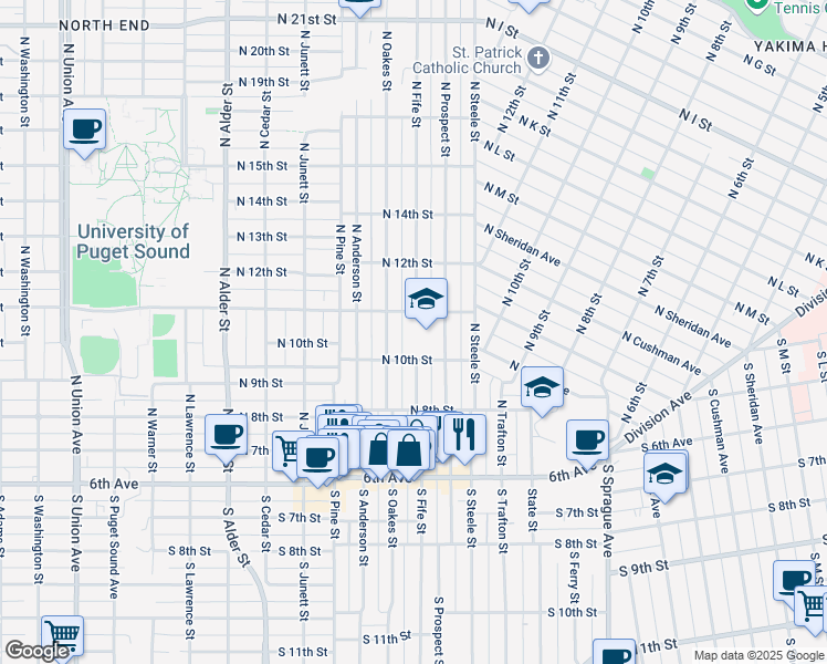 map of restaurants, bars, coffee shops, grocery stores, and more near 2510 North 11th Street in Tacoma