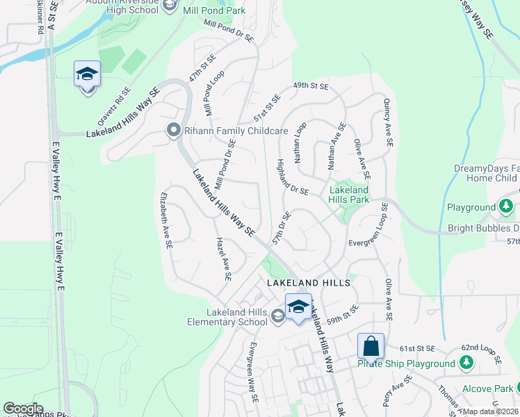 map of restaurants, bars, coffee shops, grocery stores, and more near James Avenue Southeast in Auburn