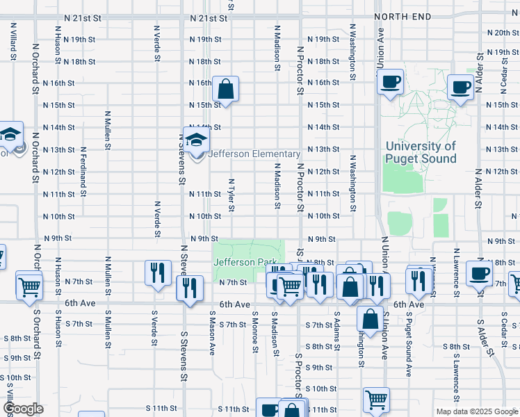 map of restaurants, bars, coffee shops, grocery stores, and more near 1001 North Monroe Street in Tacoma