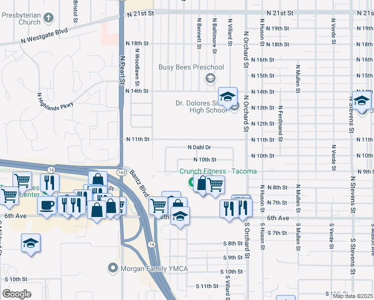 map of restaurants, bars, coffee shops, grocery stores, and more near 5414 North Dahl Drive in Tacoma