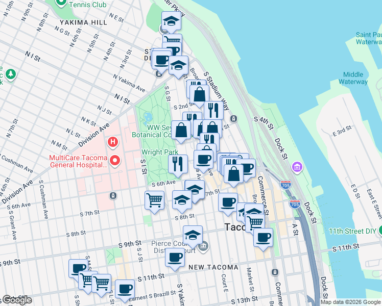 map of restaurants, bars, coffee shops, grocery stores, and more near 422 Tacoma Avenue South in Tacoma