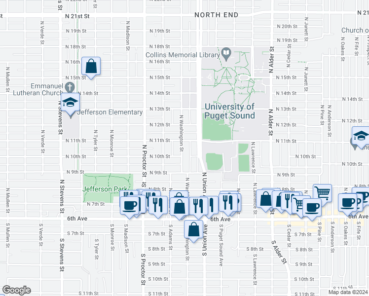 map of restaurants, bars, coffee shops, grocery stores, and more near 1009 North Washington Street in Tacoma