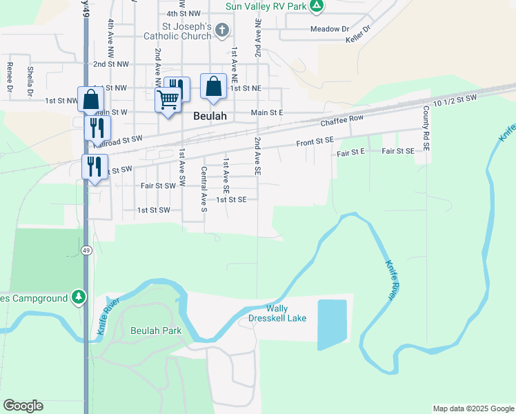 map of restaurants, bars, coffee shops, grocery stores, and more near 416 2nd Avenue Southeast in Beulah