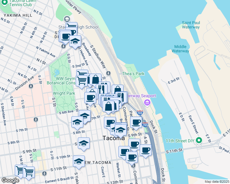 map of restaurants, bars, coffee shops, grocery stores, and more near 201 6th Avenue in Tacoma