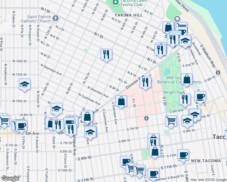 map of restaurants, bars, coffee shops, grocery stores, and more near 1304 Division Avenue in Tacoma