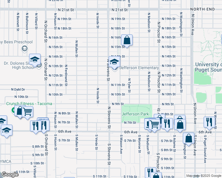 map of restaurants, bars, coffee shops, grocery stores, and more near 1001 North Stevens Street in Tacoma