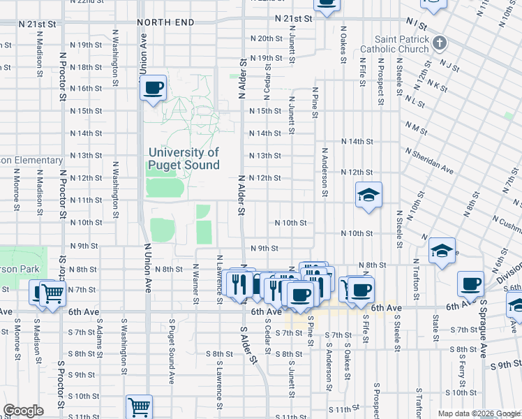 map of restaurants, bars, coffee shops, grocery stores, and more near 930 North Cedar Street in Tacoma