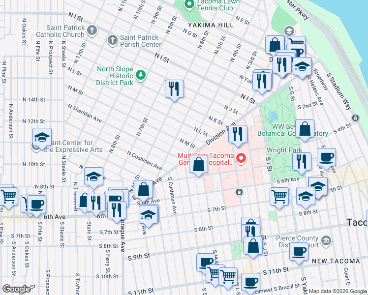 map of restaurants, bars, coffee shops, grocery stores, and more near 1304 Division Avenue in Tacoma