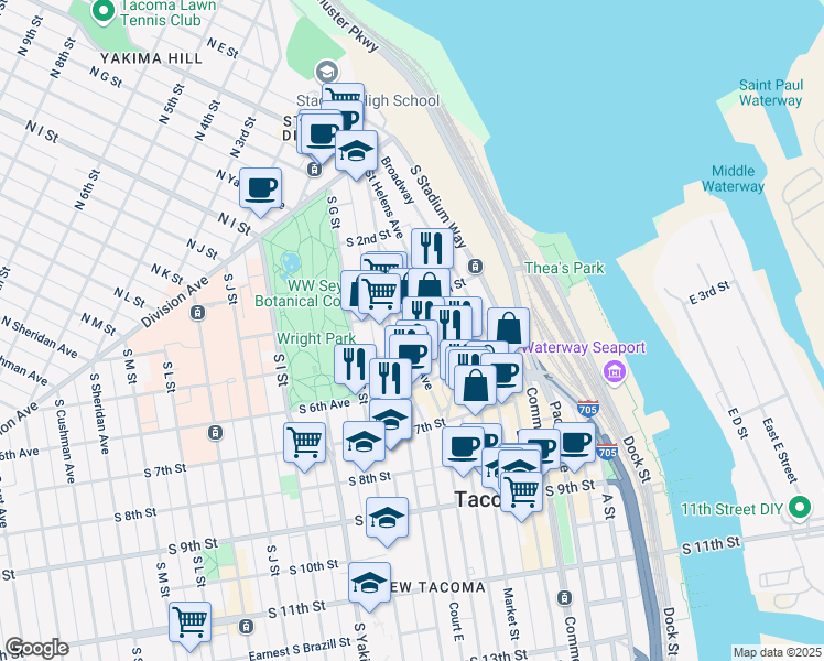 map of restaurants, bars, coffee shops, grocery stores, and more near 435 Fawcett Avenue in Tacoma