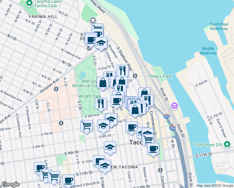 map of restaurants, bars, coffee shops, grocery stores, and more near 415 Fawcett Avenue in Tacoma