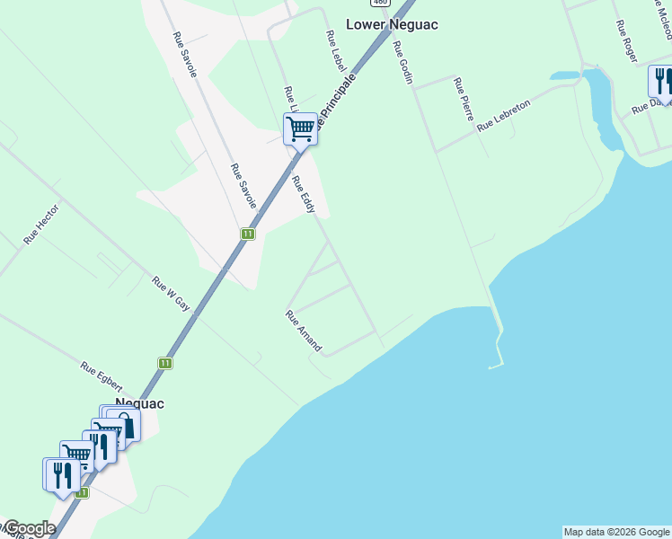 map of restaurants, bars, coffee shops, grocery stores, and more near 66 Rue Eddy in Néguac