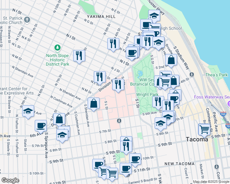 map of restaurants, bars, coffee shops, grocery stores, and more near 315 Martin Luther King Junior Way in Tacoma