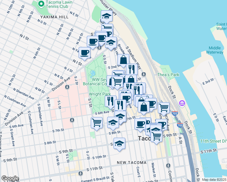 map of restaurants, bars, coffee shops, grocery stores, and more near 422 Tacoma Avenue South in Tacoma