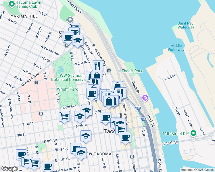 map of restaurants, bars, coffee shops, grocery stores, and more near 436 Broadway in Tacoma
