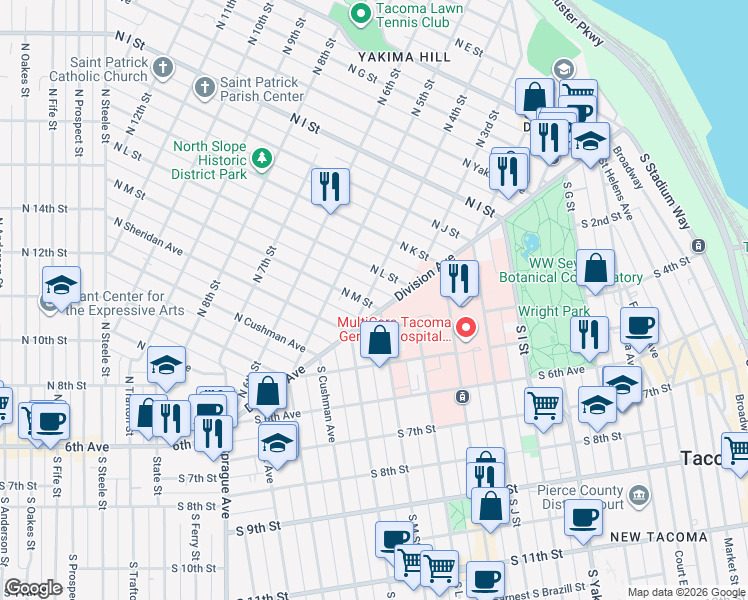 map of restaurants, bars, coffee shops, grocery stores, and more near 1304 Division Avenue in Tacoma