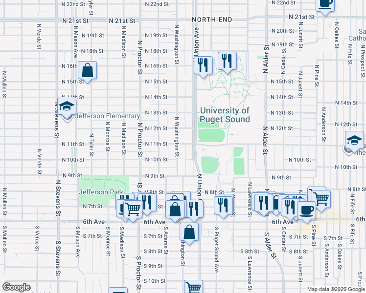 map of restaurants, bars, coffee shops, grocery stores, and more near 3620 North 12th Street in Tacoma
