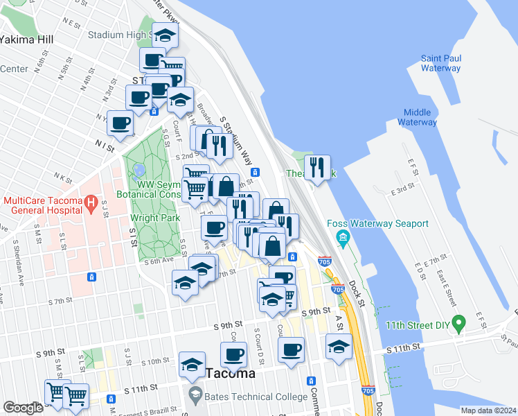 map of restaurants, bars, coffee shops, grocery stores, and more near 431 Broadway in Tacoma