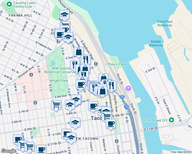 map of restaurants, bars, coffee shops, grocery stores, and more near 431 Broadway in Tacoma